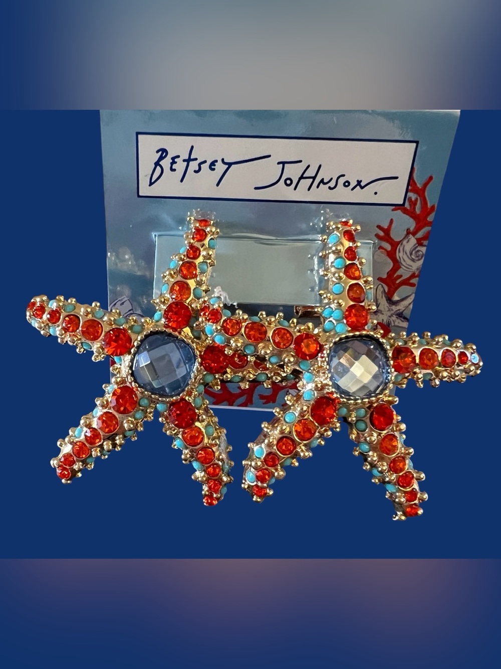 Betsey Johnson Gold Starfish Earrings with Red, Turquoise & Blue Gems